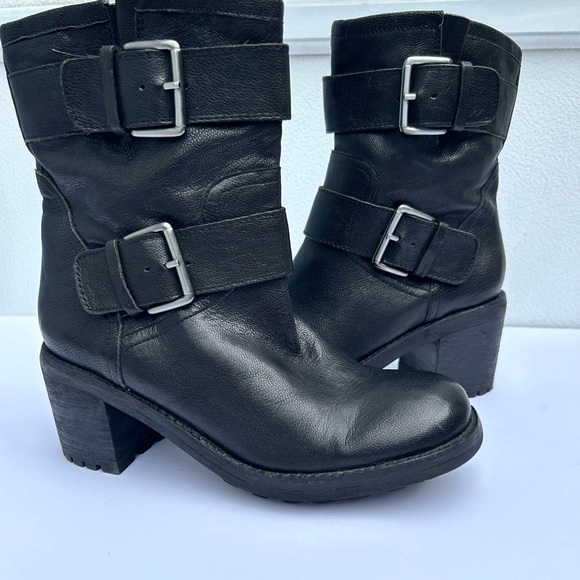 Sam Edelman moto boots black leather biker silver buckle Troy boots women 6.5 - Picture 4 of 9